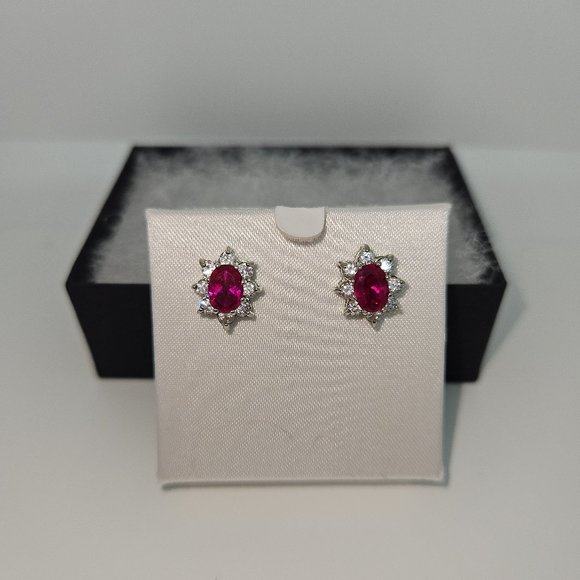Simulated Ruby Red/White Oval Stud Earrings - Picture 5 of 12